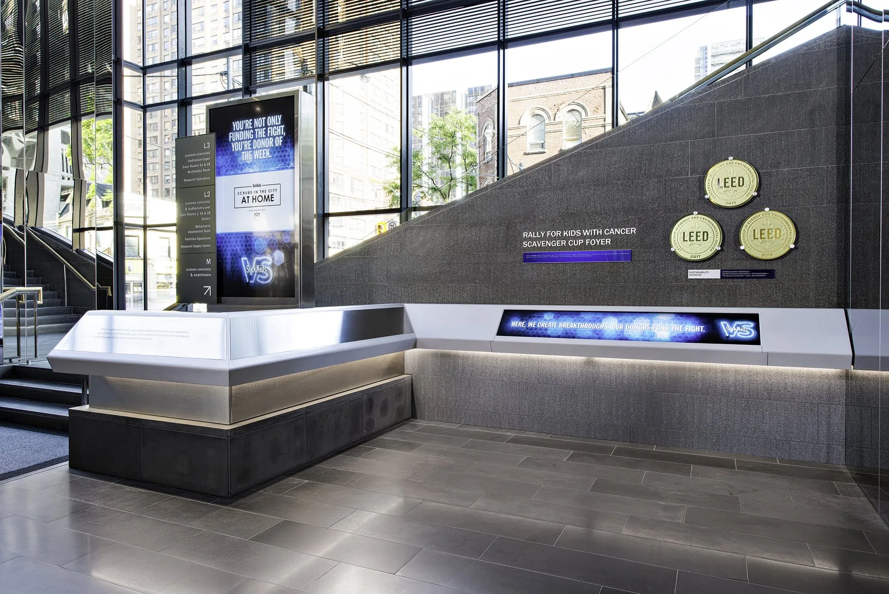 Interactive donor recognition experience in the SickKids PGCRL lobby