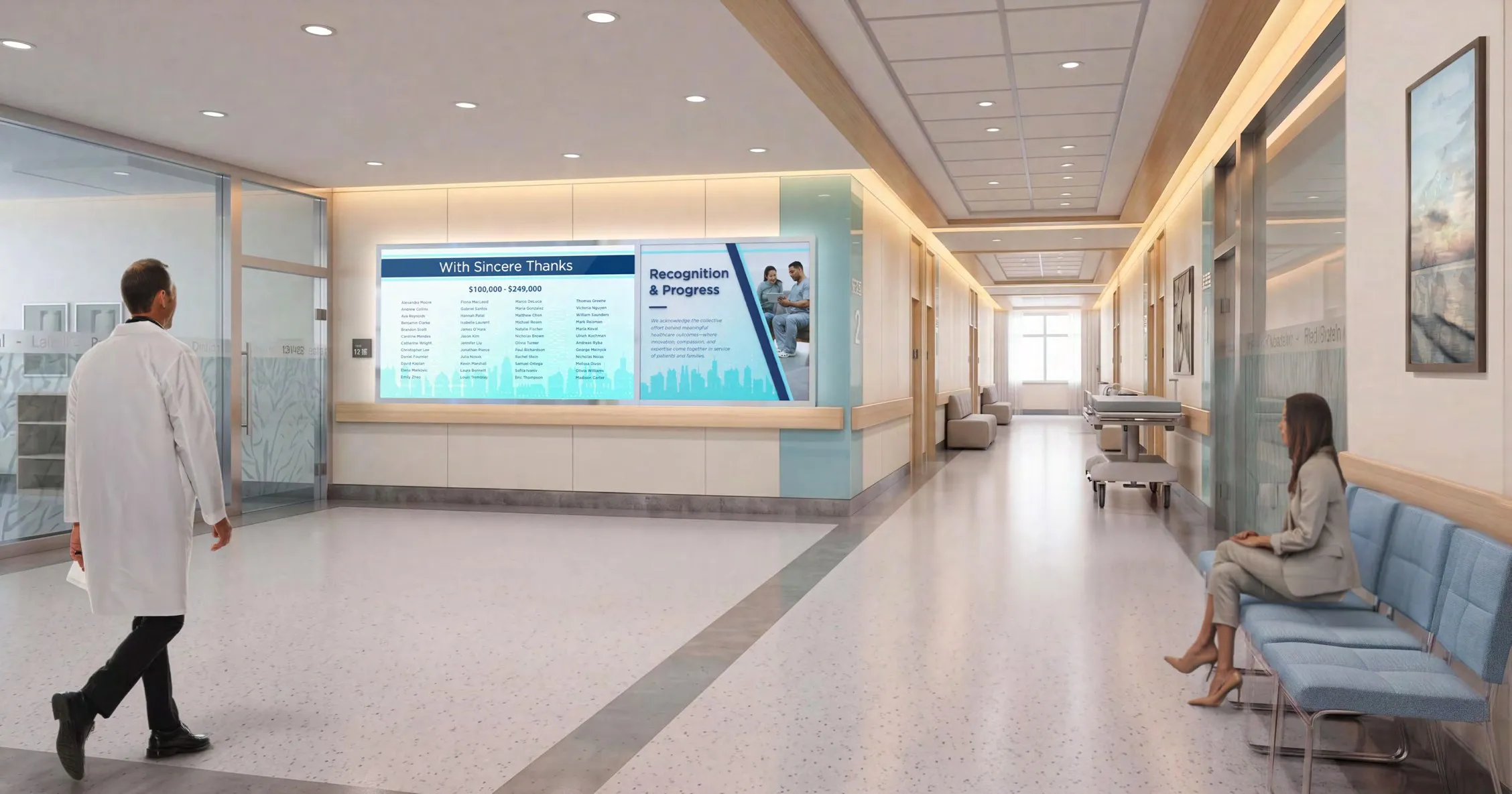 Gallery configuration: an 86-inch landscape display with three static modules along a healthcare corridor