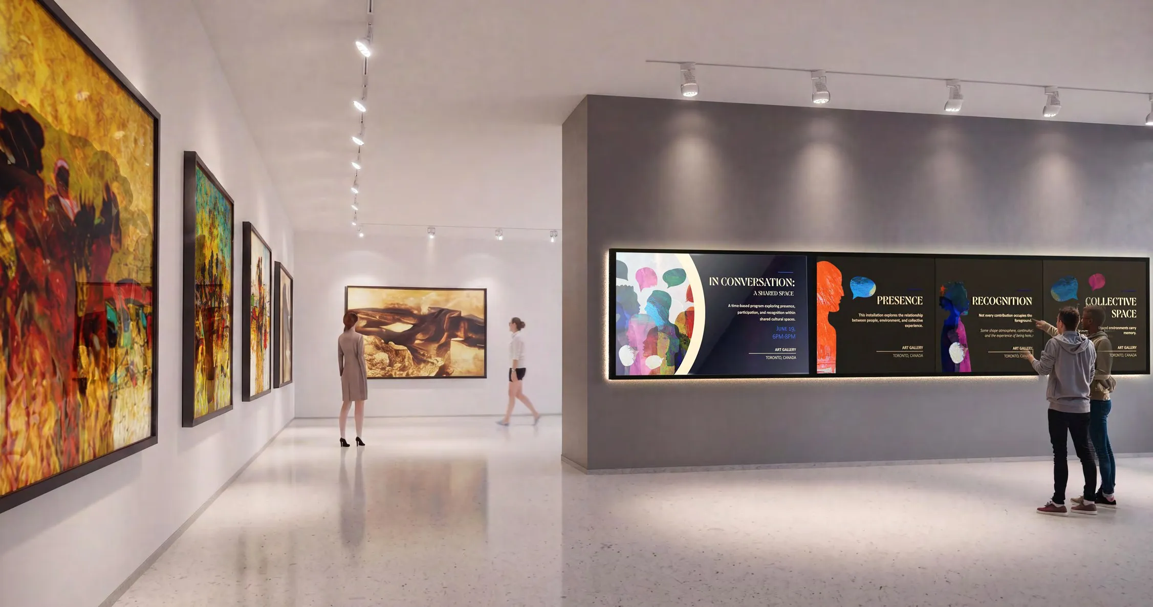 Signature configuration: an 86-inch landscape display with a static module on a feature wall in a gallery space