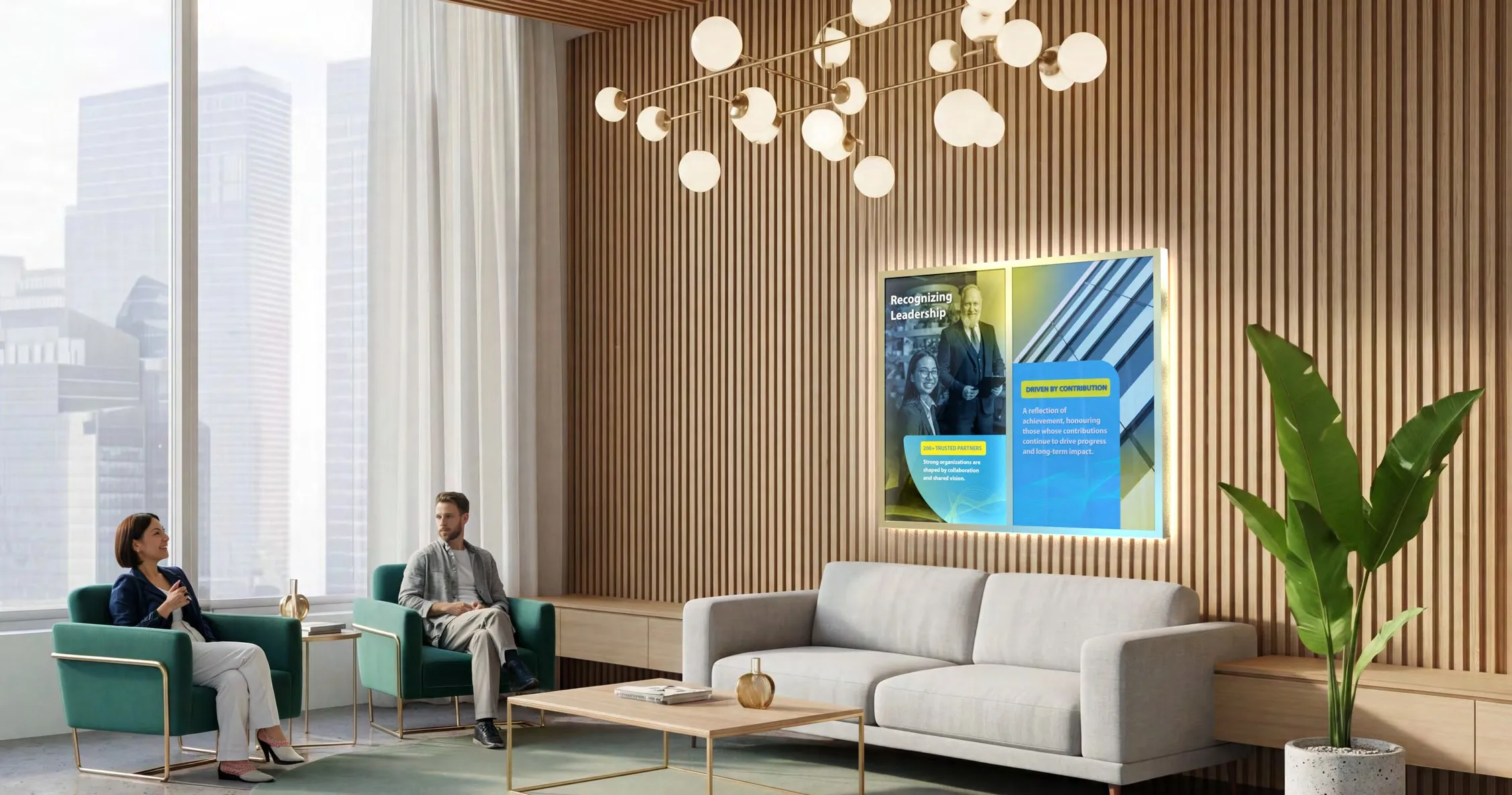 Studio configuration: a 65-inch portrait display with one static module on a wood-slat wall in a corporate lounge