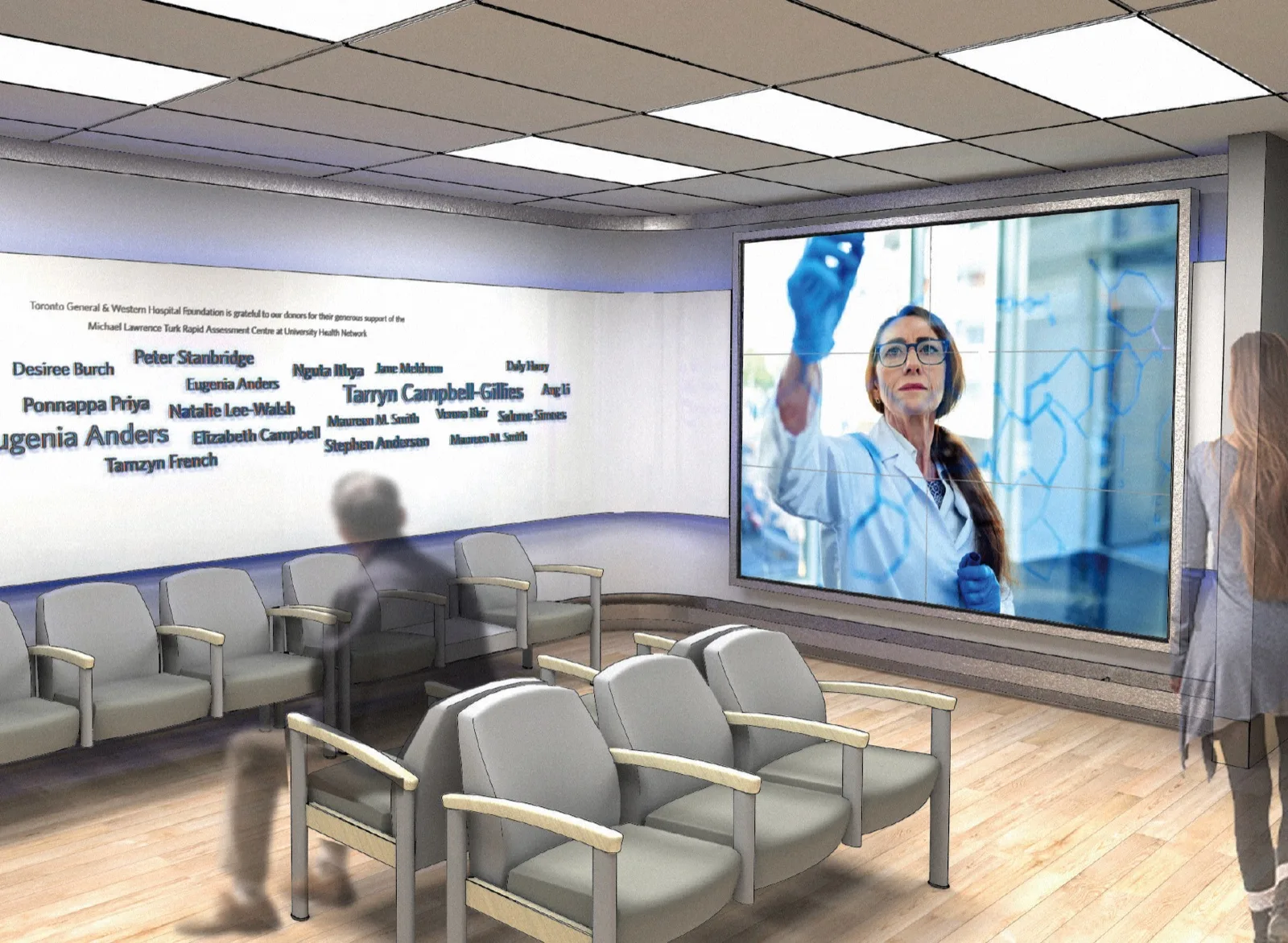 Rendered design of a donor recognition wall in a hospital waiting area
